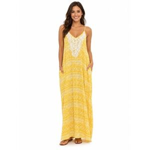Xhilaration Yellow Medallion Print Crochet Lace Maxi Dress Womens Large Pockets